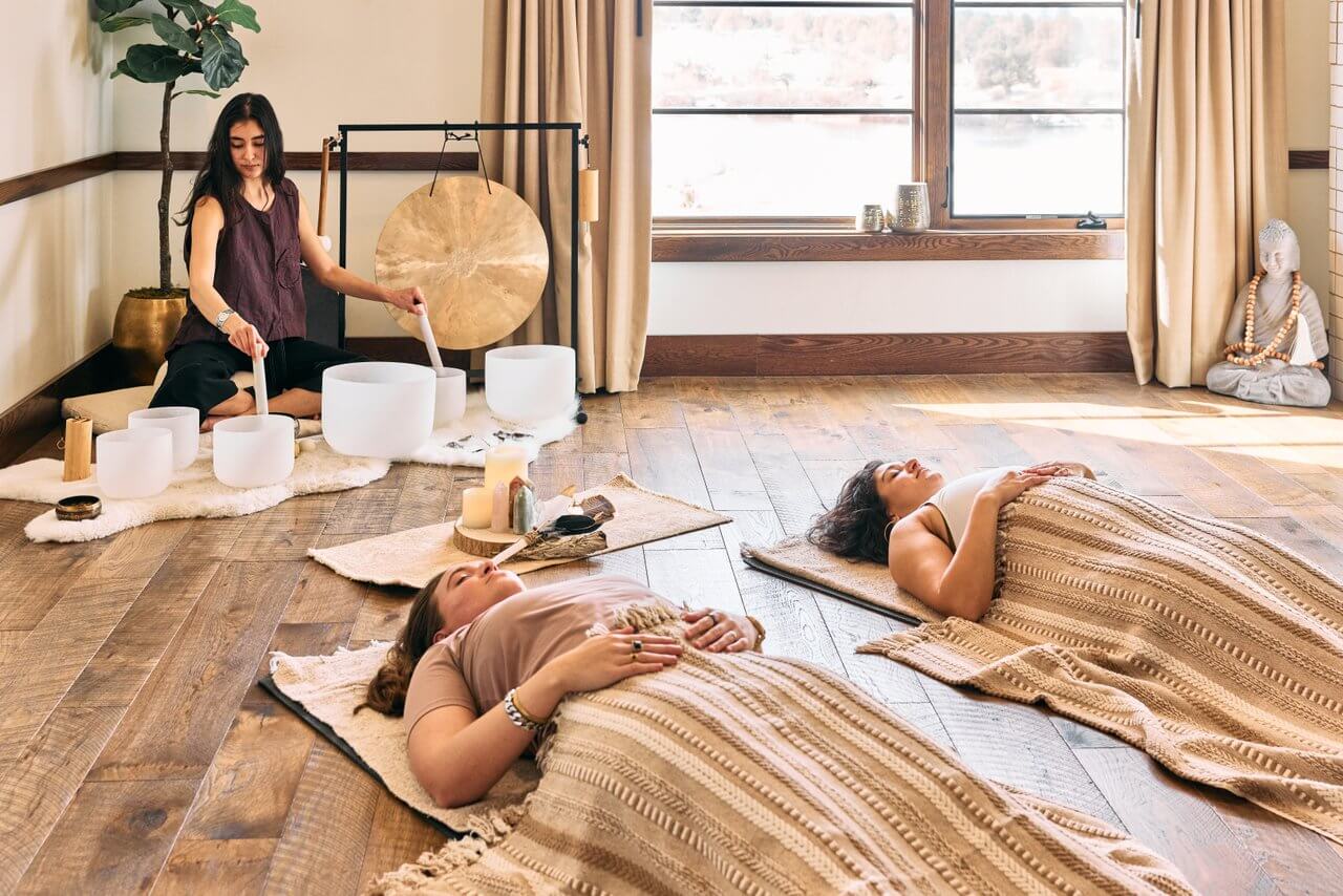People receiving a sound bath at Juniper Preserve Spa. People receiving a sound bath at Juniper Preserve Spa.