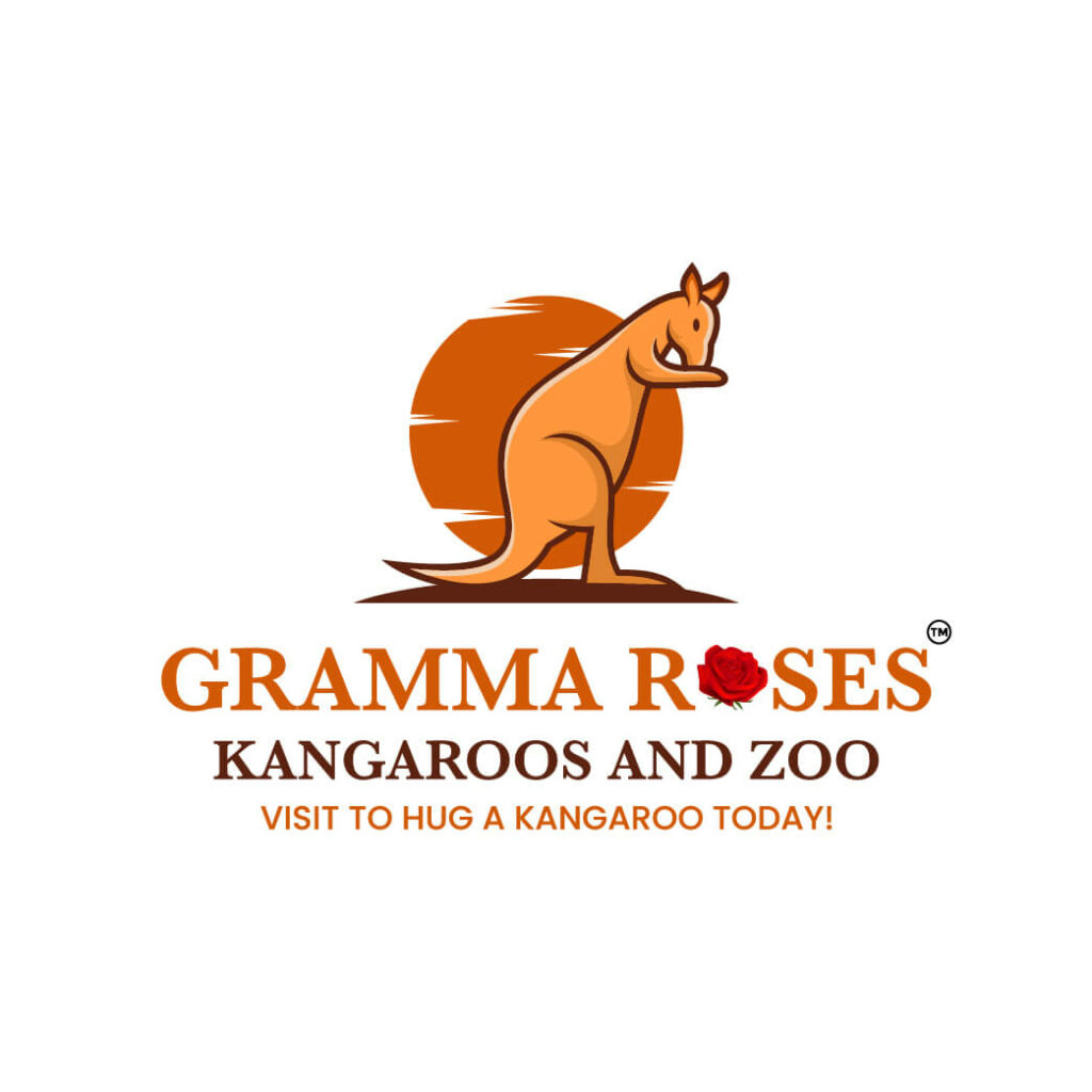 Orange kangaroo in front of the sun above text describing Gramma Roses Kangaroos and Zoo.