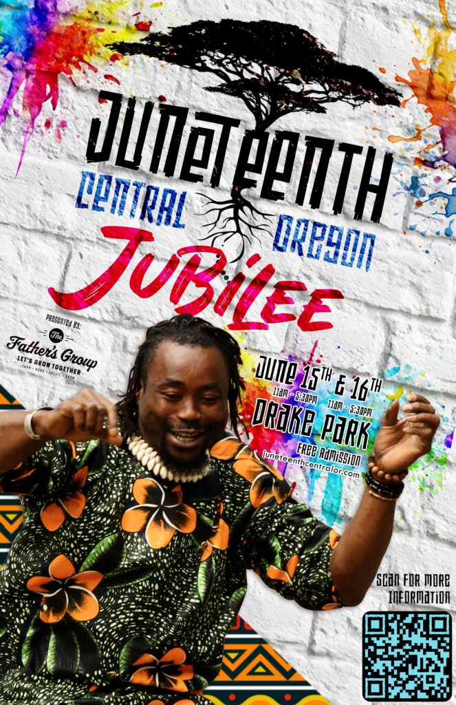 Colorful paint splatters behind text of Juneteenth Jubilee Central Oregon with image of man dancing in vibrant clothing.